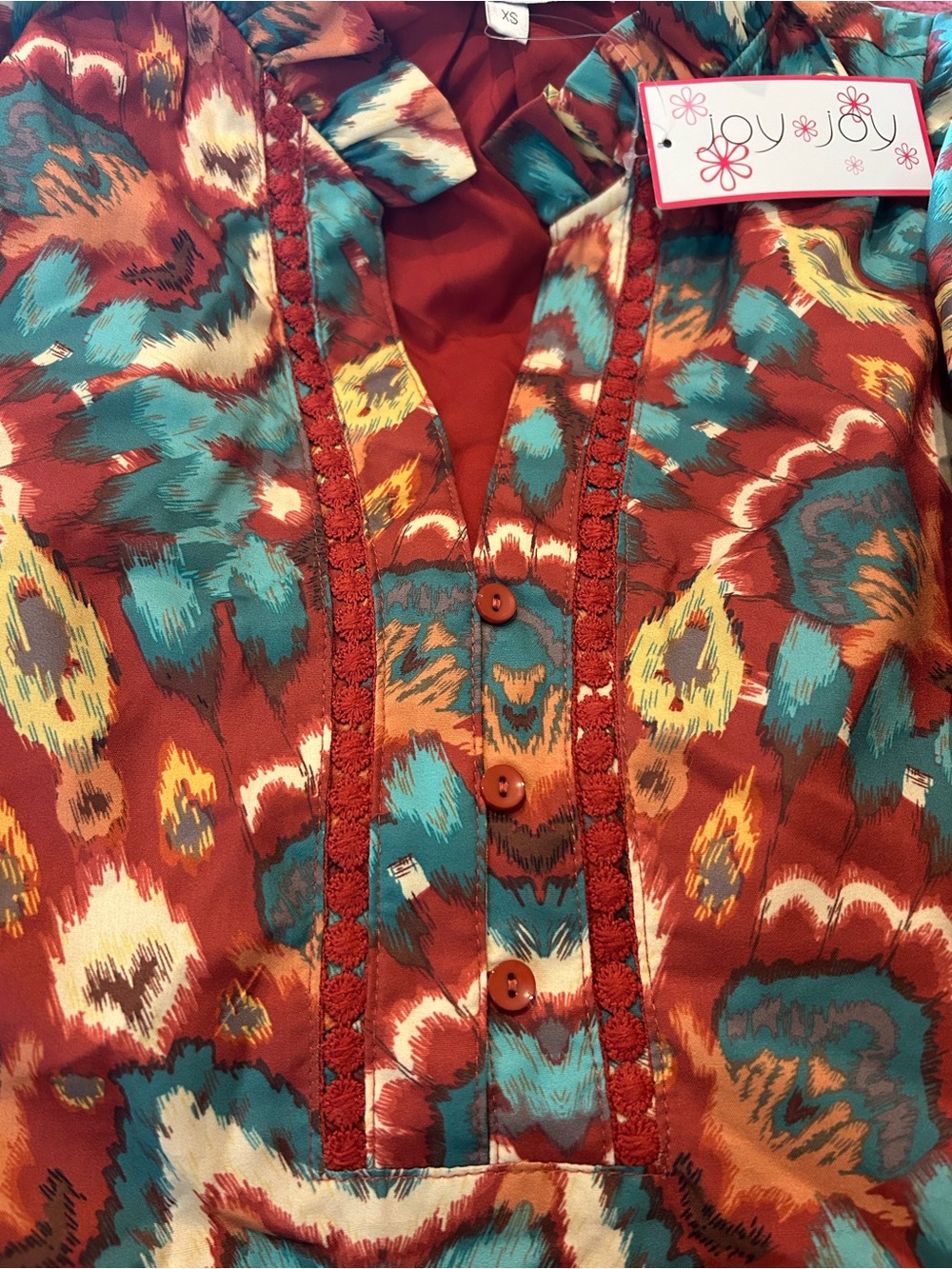 Joy Joy Rust, Teal & Gold Boho Print Mini Dress with Ruffle Hem and Lace Trim - Picture 10 of 14